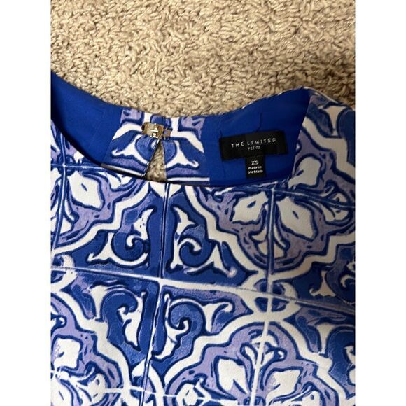 The Limited Round Neck Blue Geometric Print Cap Sleeve Mini Sheath Dress XS - Picture 3 of 4